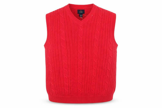 Front view of Ivy Crew Men's Red Cable-Knit Cotton V-Neck Sleeveless Jumper XL