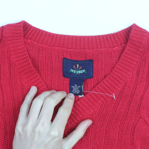 Ivy Crew Men's Red Cable-Knit Cotton V-Neck Sleeveless Jumper XL