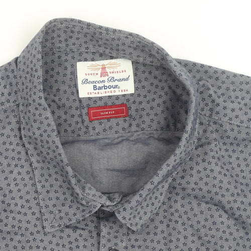 Barbour Beacon Men's Blue Geometric Slim Fit Long Sleeve Cotton Shirt M