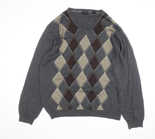 Van Heusen Men's Grey Argyle V-Neck Cotton Jumper XL