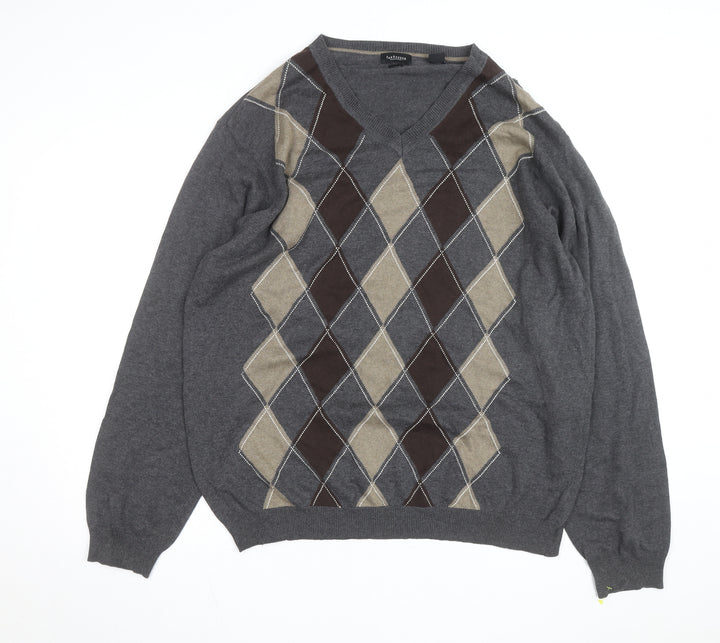 Van Heusen Men's Grey Argyle V-Neck Cotton Jumper XL