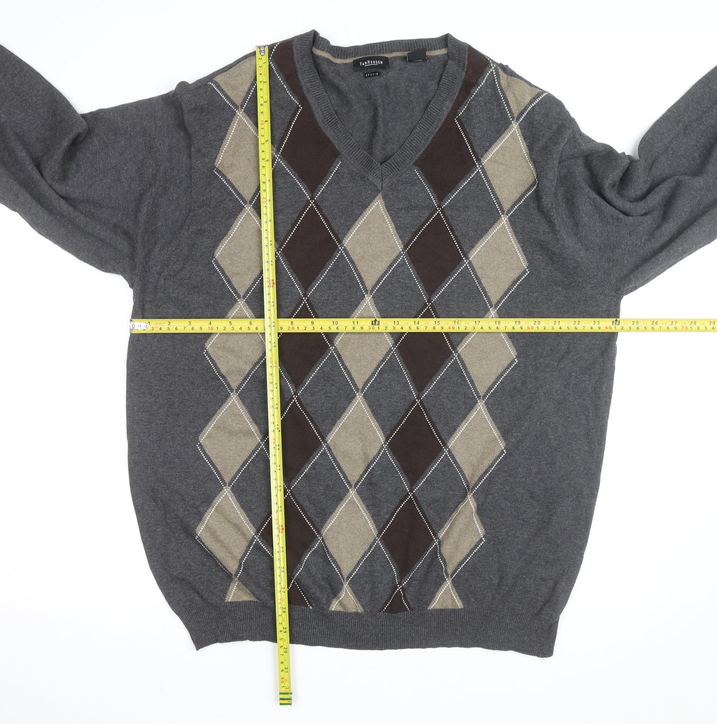 Van Heusen Men's Grey Argyle V-Neck Cotton Jumper XL
