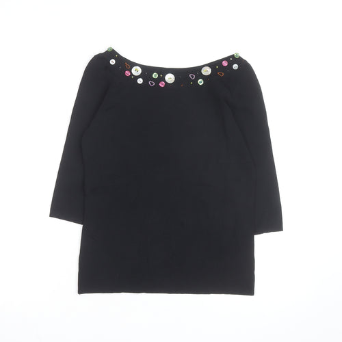 Linda Matthews Womens Black Beaded Boat Neck 3/4 Sleeve Knit Jumper S