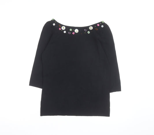 Linda Matthews Womens Black Beaded Boat Neck 3/4 Sleeve Knit Jumper S