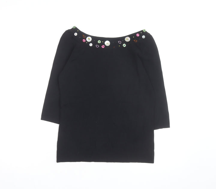 Linda Matthews Womens Black Beaded Boat Neck 3/4 Sleeve Knit Jumper S