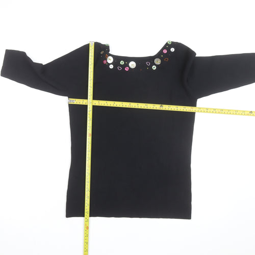 Linda Matthews Womens Black Beaded Boat Neck 3/4 Sleeve Knit Jumper S