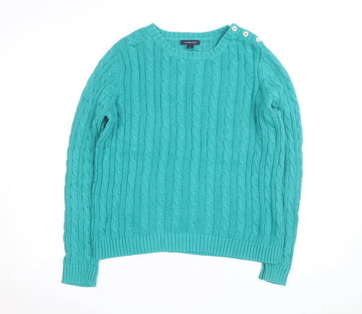 Lands' End Women's Green Cable-Knit Cotton Jumper Size L