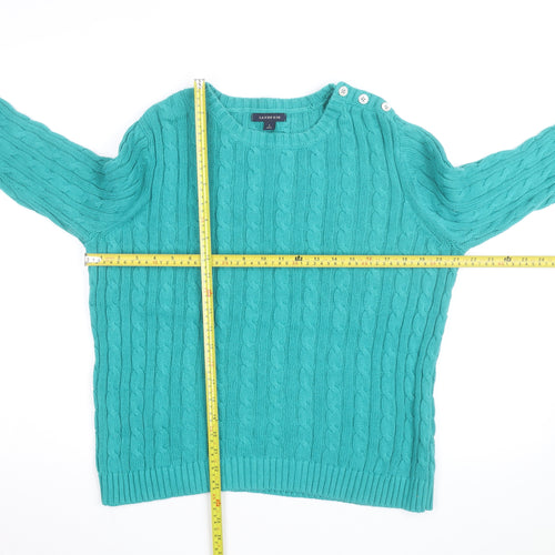 Lands' End Women's Green Cable-Knit Cotton Jumper Size L