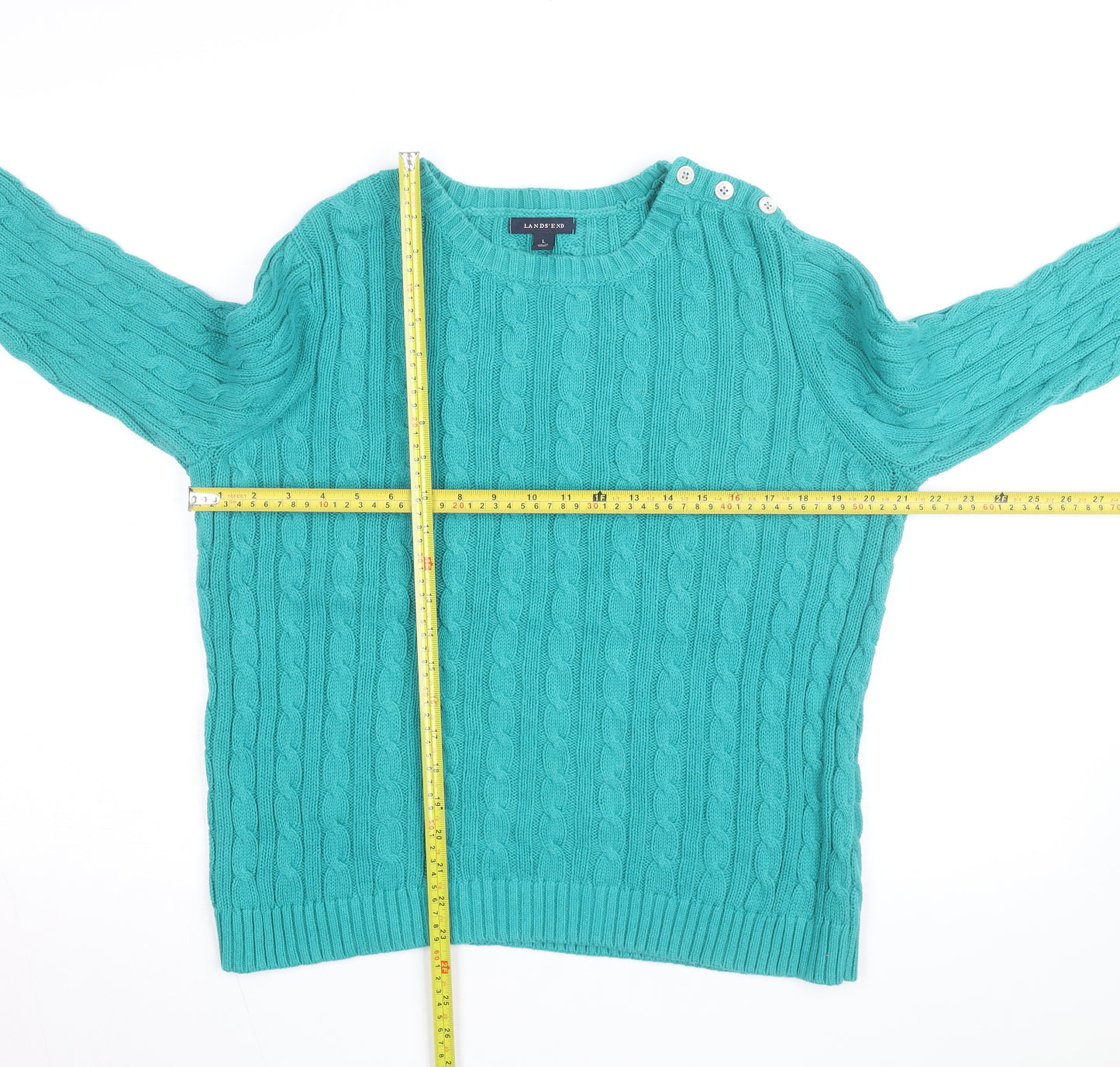 Lands' End Women's Green Cable-Knit Cotton Jumper Size L