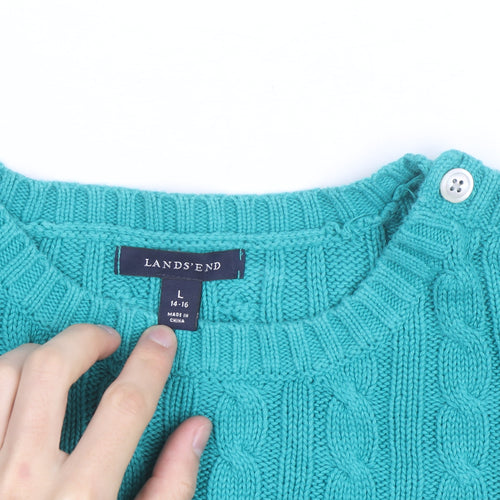 Lands' End Women's Green Cable-Knit Cotton Jumper Size L