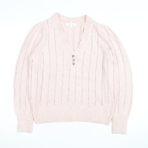Marks and Spencer Per Una Women Pink Wool Blend V-Neck Henley Jumper Size 12