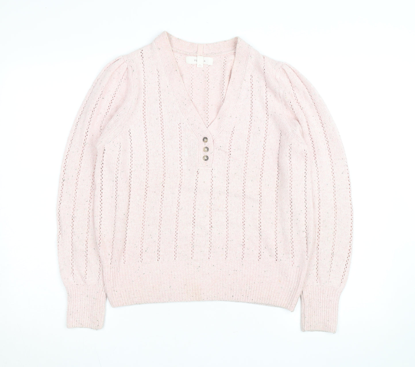 Marks and Spencer Per Una Women Pink Wool Blend V-Neck Henley Jumper Size 12