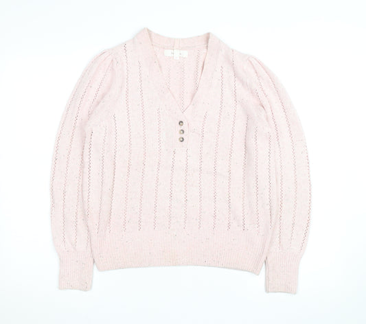 Marks and Spencer Per Una Women Pink Wool Blend V-Neck Henley Jumper Size 12