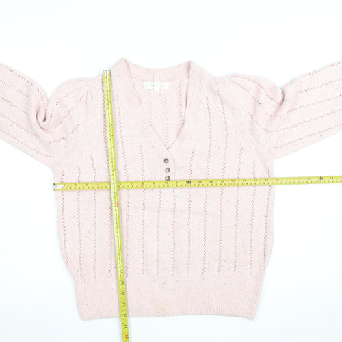 Marks and Spencer Per Una Women Pink Wool Blend V-Neck Henley Jumper Size 12