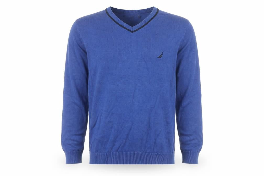 Front view of Nautica Men's Blue Cotton V-Neck Jumper, size M