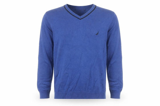 Front view of Nautica Men's Blue Cotton V-Neck Jumper, size M