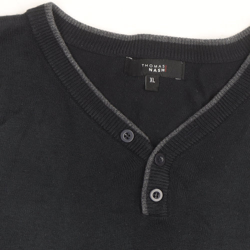 Thomas Nash Men's Black XL Henley Knit Jumper Cotton Blend