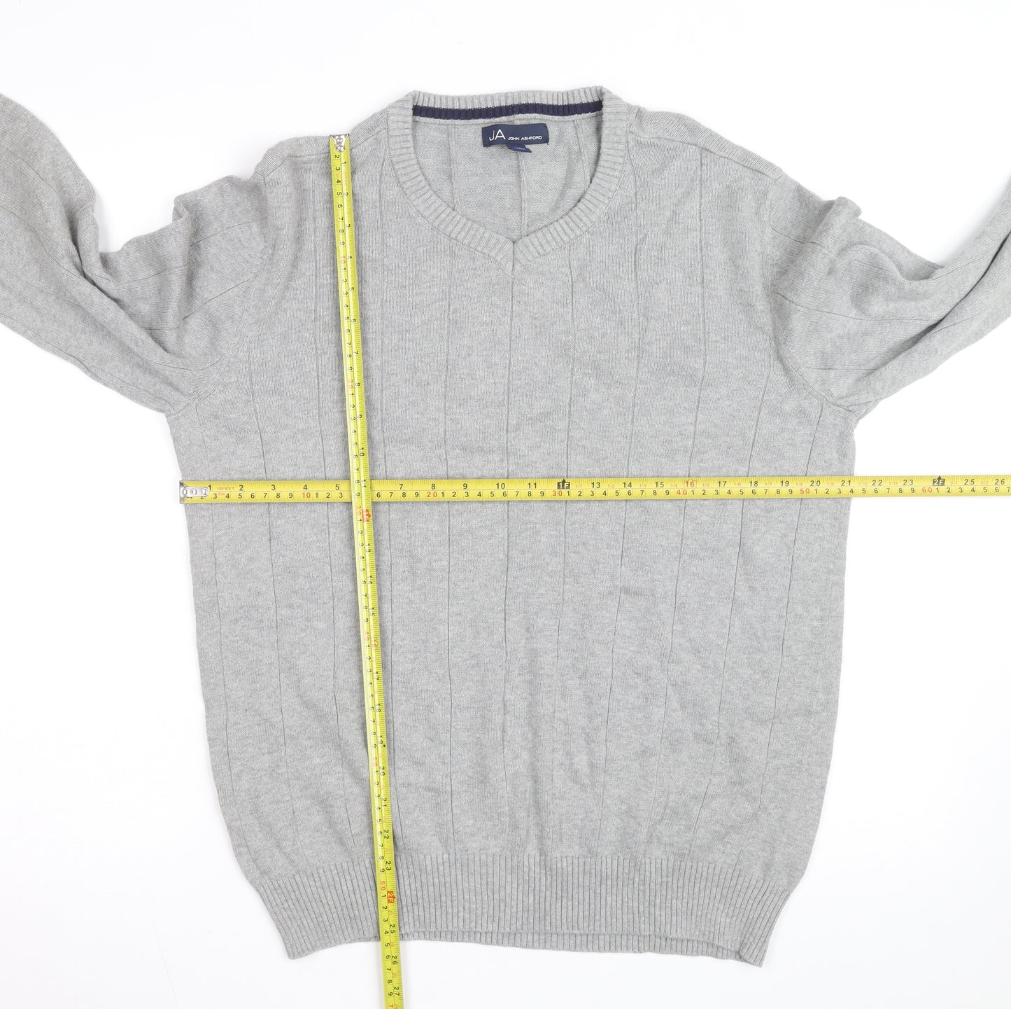 John Ashford Men's Grey V-Neck Cotton Pullover Jumper L