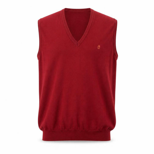 Front view of Courrèges Men Red Wool V-Neck Sleeveless Vest L Classic Knit