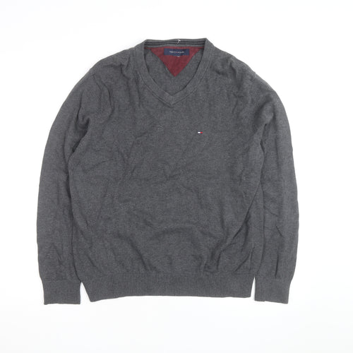 Tommy Hilfiger Men's Grey V-Neck Cotton Jumper Size M