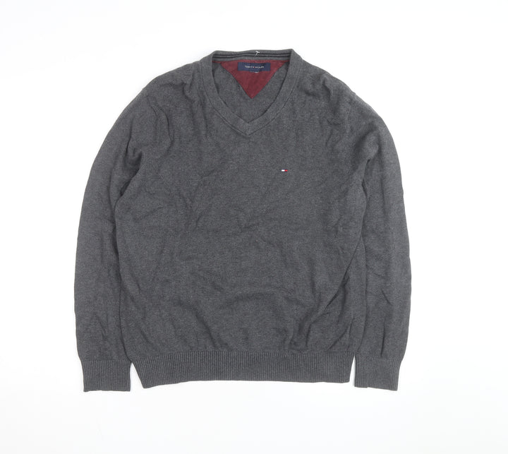 Tommy Hilfiger Men's Grey V-Neck Cotton Jumper Size M