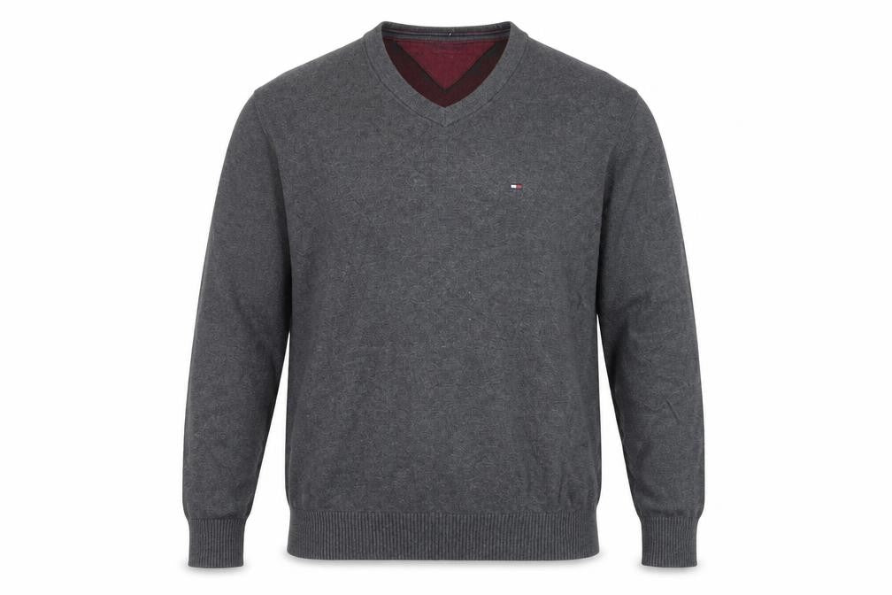Front view of Tommy Hilfiger Men's Grey V-Neck Cotton Jumper, size M