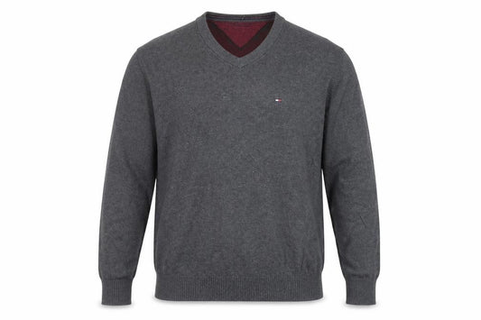 Front view of Tommy Hilfiger Men's Grey V-Neck Cotton Jumper, size M