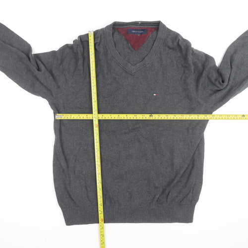Tommy Hilfiger Men's Grey V-Neck Cotton Jumper Size M