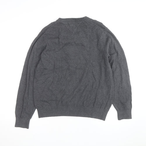 Tommy Hilfiger Men's Grey V-Neck Cotton Jumper Size M