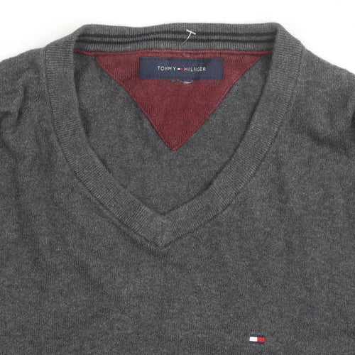 Tommy Hilfiger Men's Grey V-Neck Cotton Jumper Size M