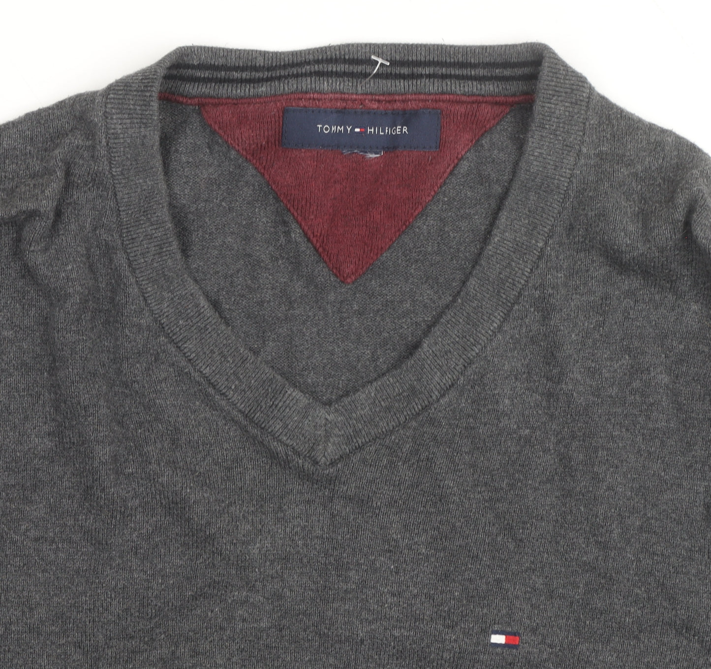 Tommy Hilfiger Men's Grey V-Neck Cotton Jumper Size M
