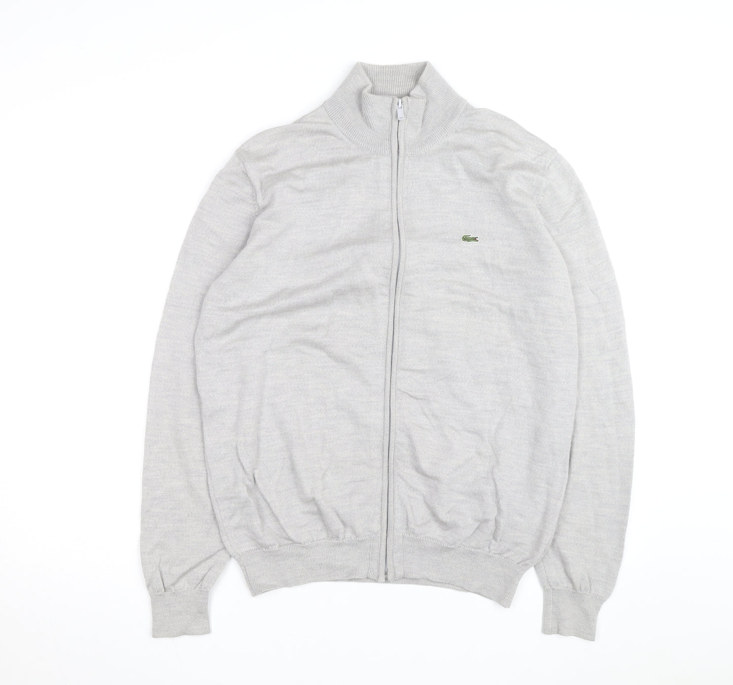 Lacoste Men’s Grey Wool Full Zip Jumper L High Neck Classic Knit