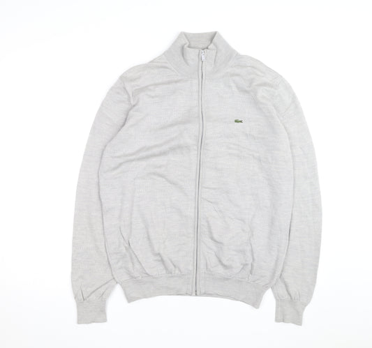 Lacoste Men’s Grey Wool Full Zip Jumper L High Neck Classic Knit