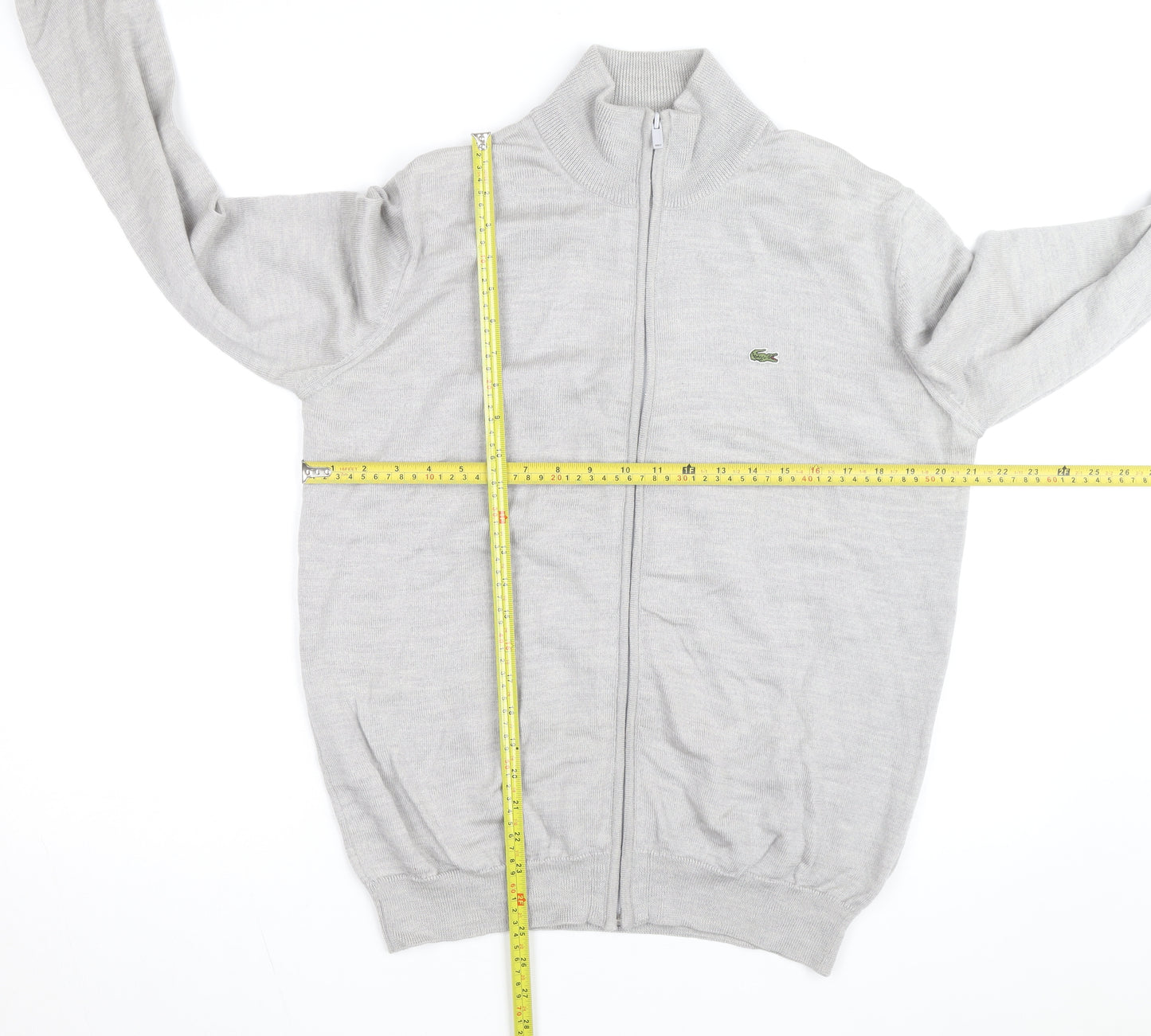 Lacoste Men’s Grey Wool Full Zip Jumper L High Neck Classic Knit