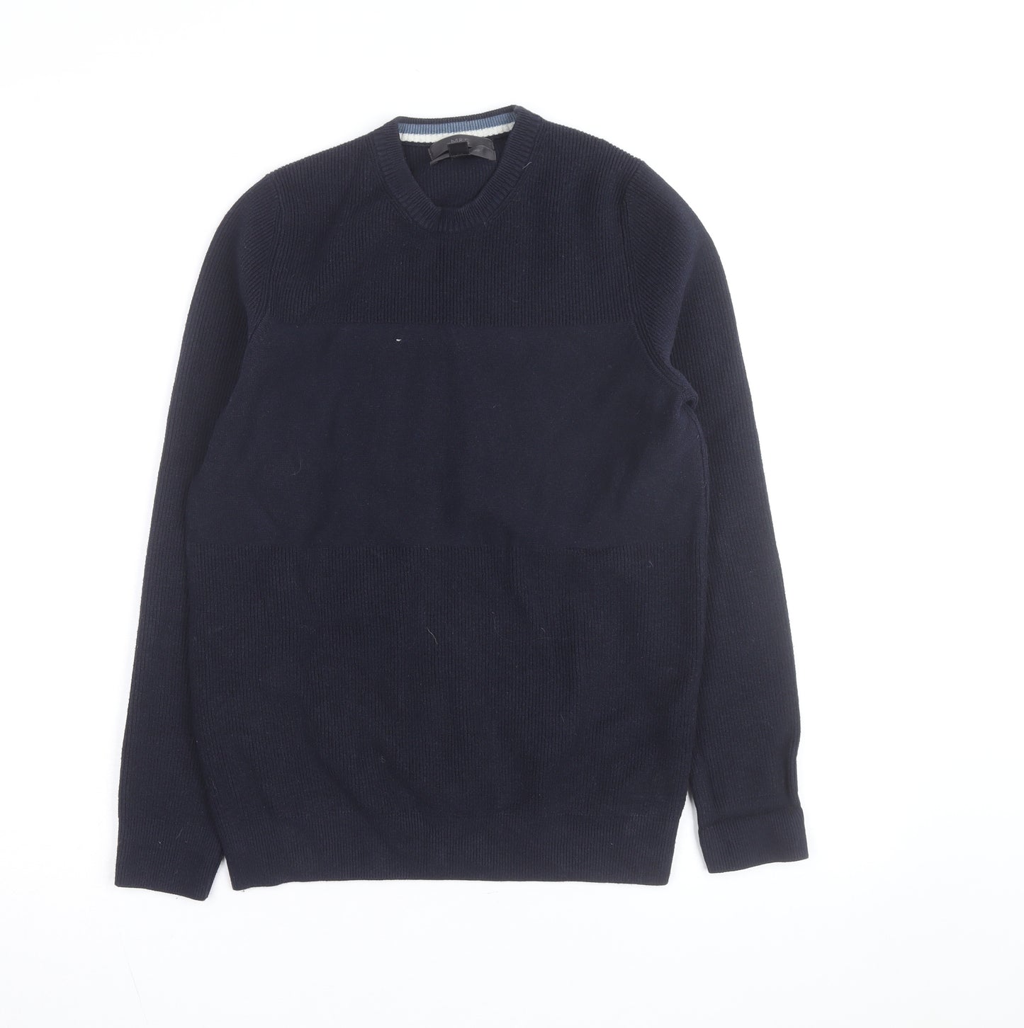 Marks and Spencer Men's Blue Cotton Blend Crew Neck Jumper Size S