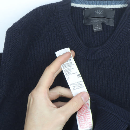 Marks and Spencer Men's Blue Cotton Blend Crew Neck Jumper Size S