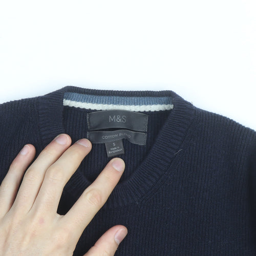 Marks and Spencer Men's Blue Cotton Blend Crew Neck Jumper Size S