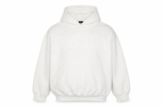 Front view of H&M Divided Men's White Boston Pullover Hoodie, size M