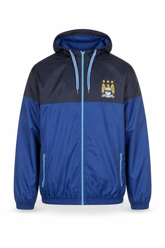 Front view of Manchester City Men's Blue 2XL Hooded Windbreaker Jacket