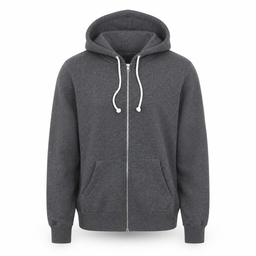 Front view of H&M Men’s Grey Full Zip Hoodie, size S, Regular Fit Cotton Blend