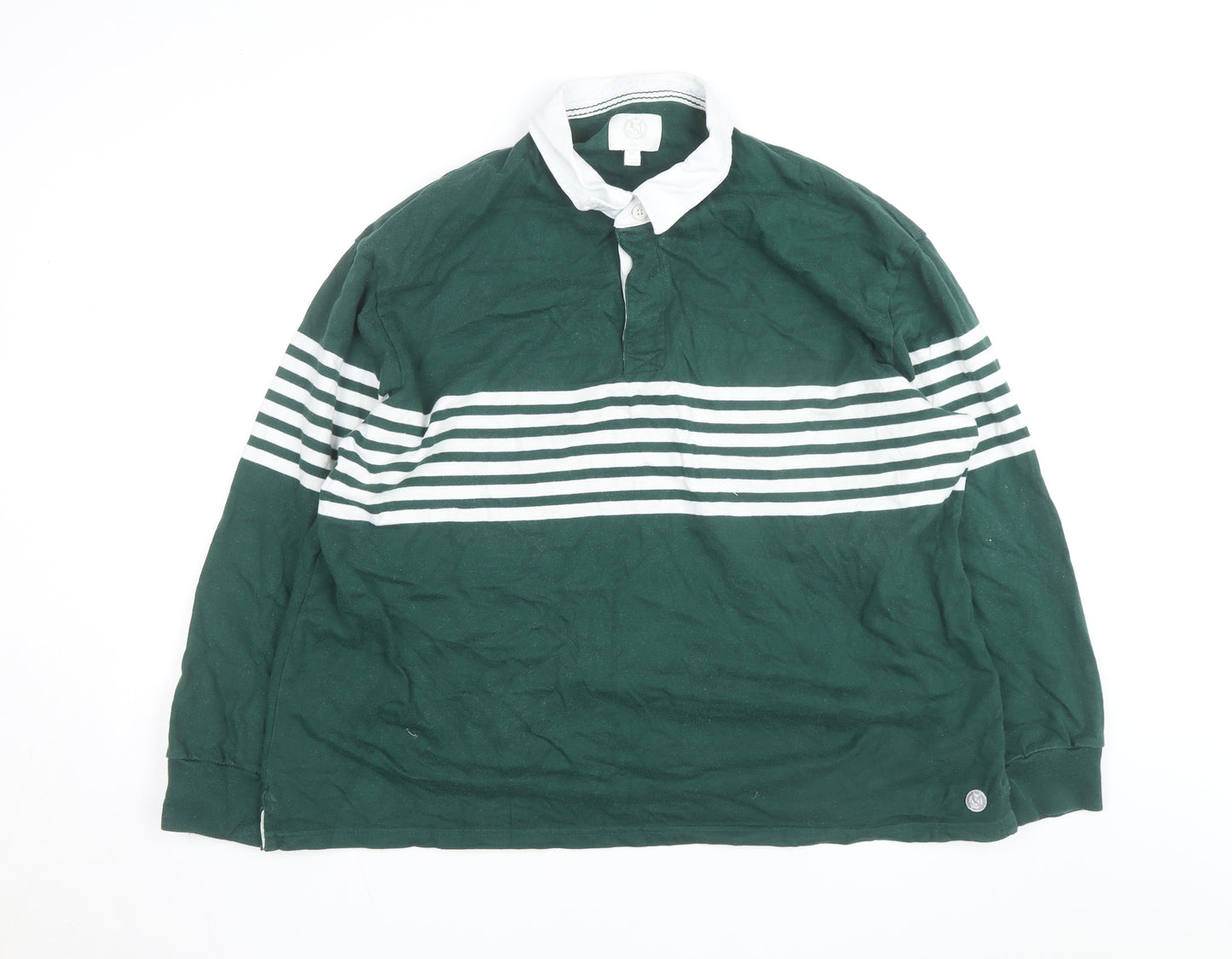 Marks and Spencer Mens Green Striped Rugby Shirt 2XL Long Sleeve Cotton