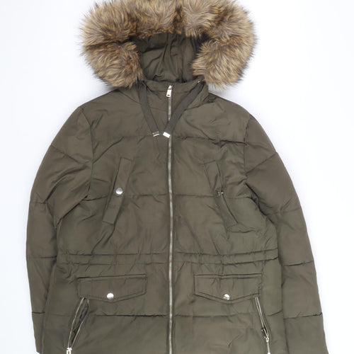 New Look Women's Green Faux Fur Hooded Puffer Coat Size 12
