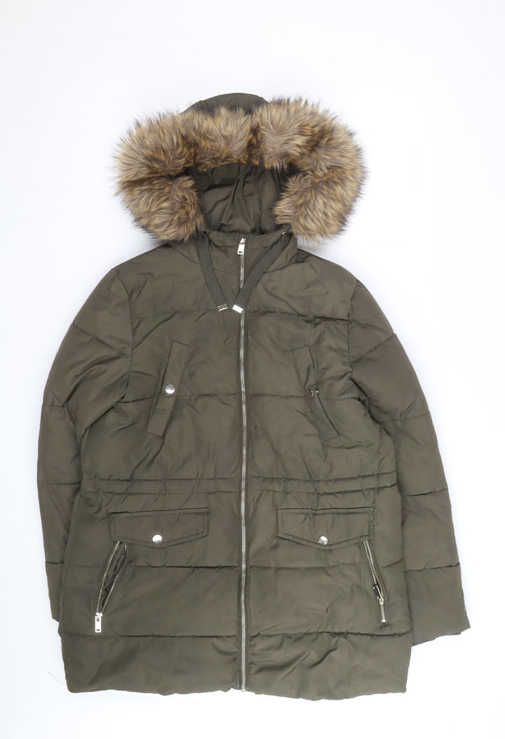 New Look Women's Green Faux Fur Hooded Puffer Coat Size 12
