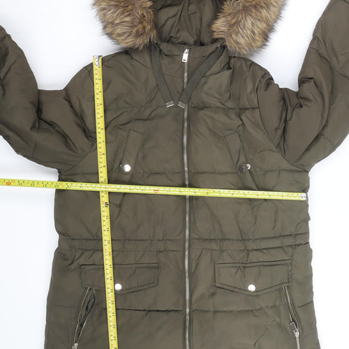 New Look Women's Green Faux Fur Hooded Puffer Coat Size 12