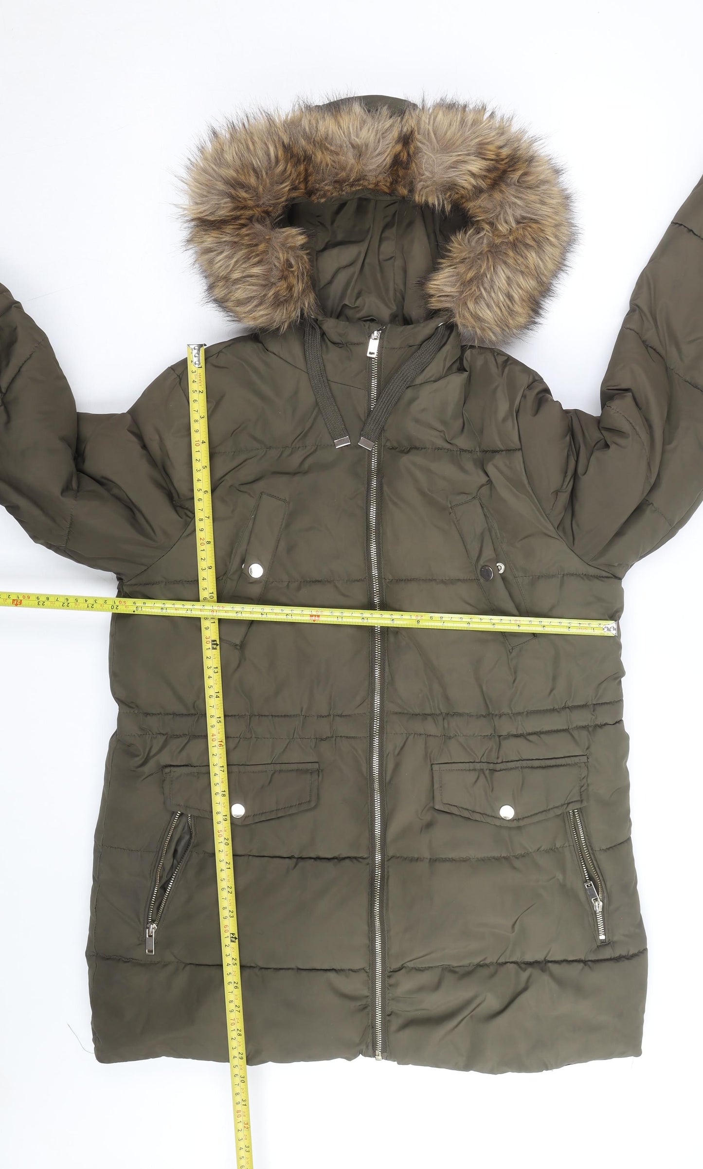 New Look Women's Green Faux Fur Hooded Puffer Coat Size 12