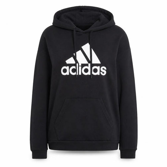 Front view of Adidas women’s black pullover hoodie, size S, logo graphic hooded sweatshirt