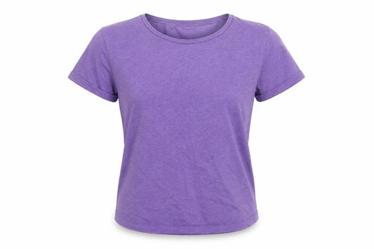 Front view of New Balance Women's Purple Short Sleeve Cotton T-Shirt, size S