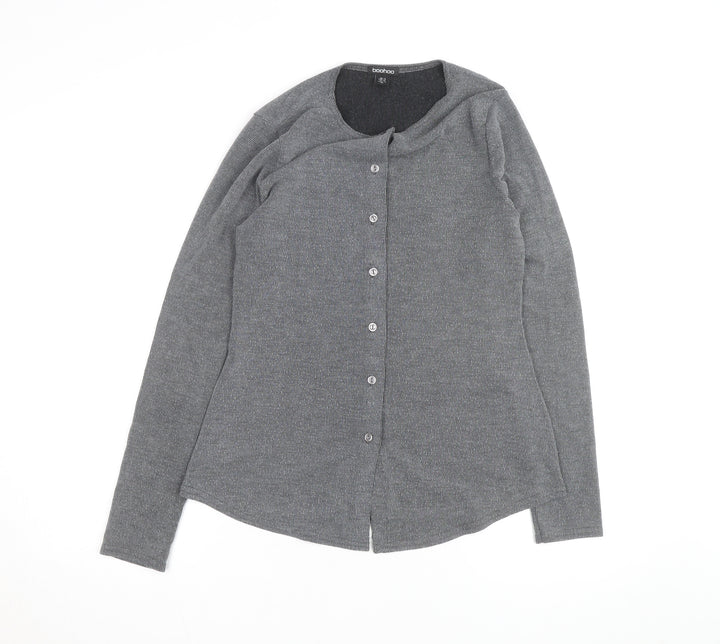 Boohoo Women Grey Knit V-Neck Long Sleeve Button Cardigan Size 14