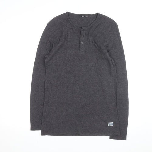 Livergy Men Grey Waffle-Knit Henley Jumper Size L