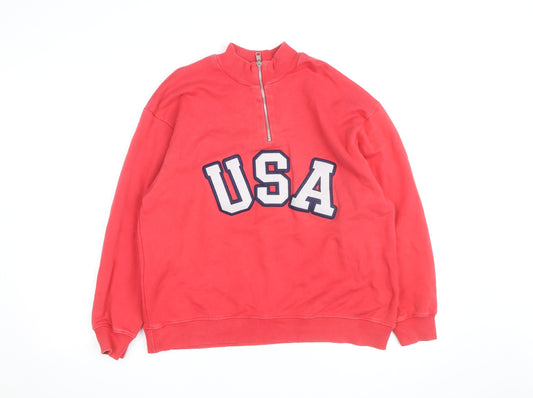 ZARA Men Red 1/2 Zip USA Logo Sweatshirt Size L